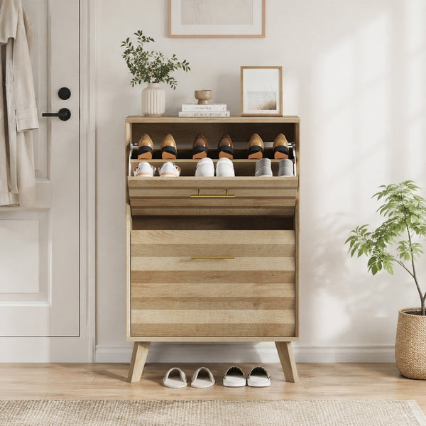 English Elm 23.6-inch Slim Entryway Shoe Cabinet Oak Finish Scandinavian Style Tilt-out Storage Oak W1706P511740