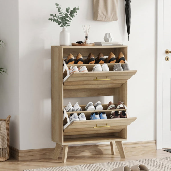 English Elm 23.6-inch Slim Entryway Shoe Cabinet Oak Finish Scandinavian Style Tilt-out Storage Oak W1706P511740