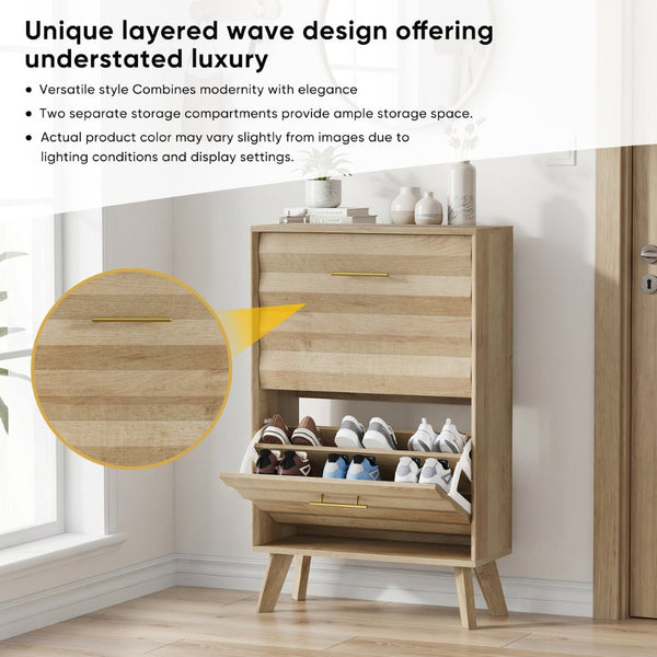 English Elm 23.6-inch Slim Entryway Shoe Cabinet Oak Finish Scandinavian Style Tilt-out Storage Oak W1706P511740