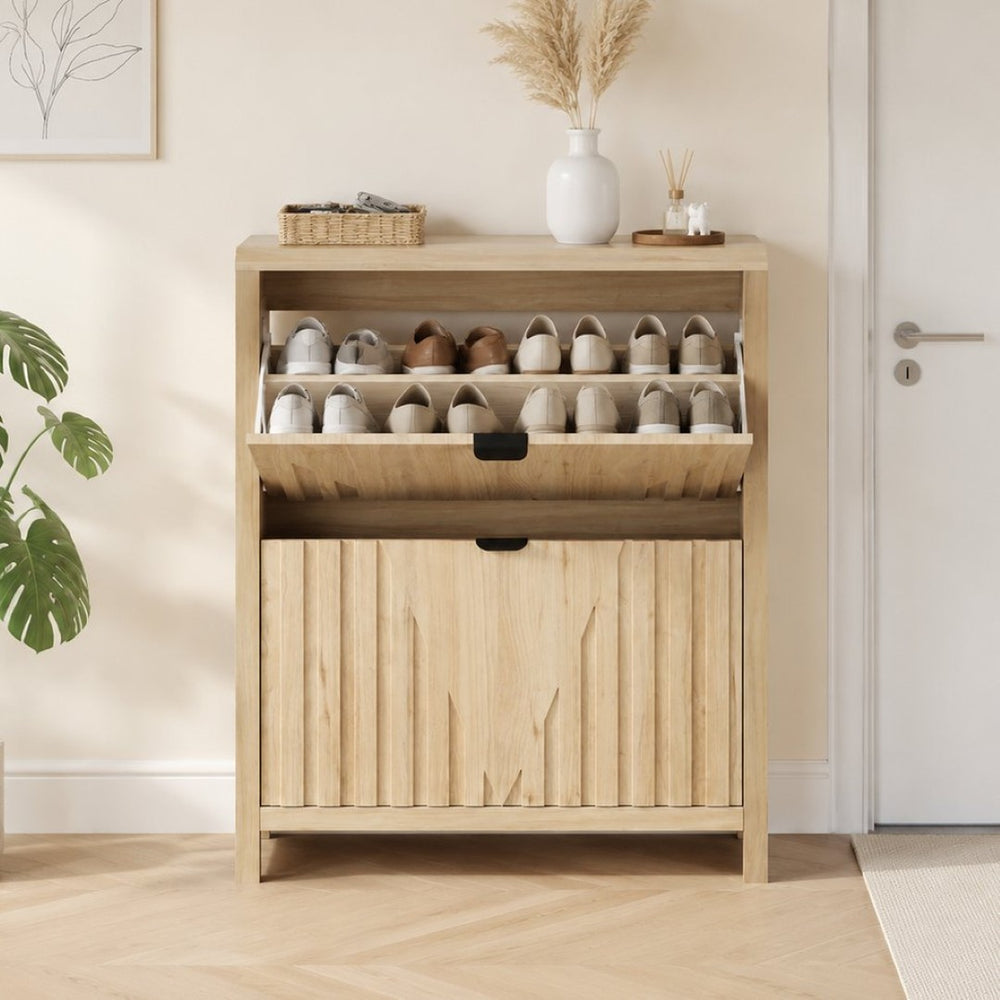 English Elm 31.5-Inch Oak Finish Entryway Shoe Cabinet with Carved Panels and Flip-Down Storage W1706P511744