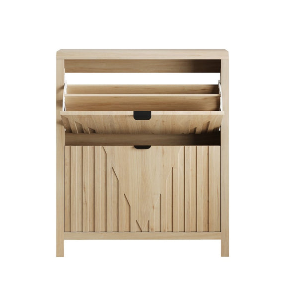 English Elm 31.5-Inch Oak Finish Entryway Shoe Cabinet with Carved Panels and Flip-Down Storage W1706P511744