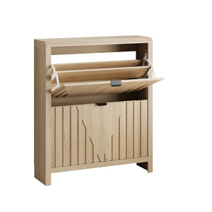 English Elm 31.5-Inch Oak Finish Entryway Shoe Cabinet with Carved Panels and Flip-Down Storage W1706P511744