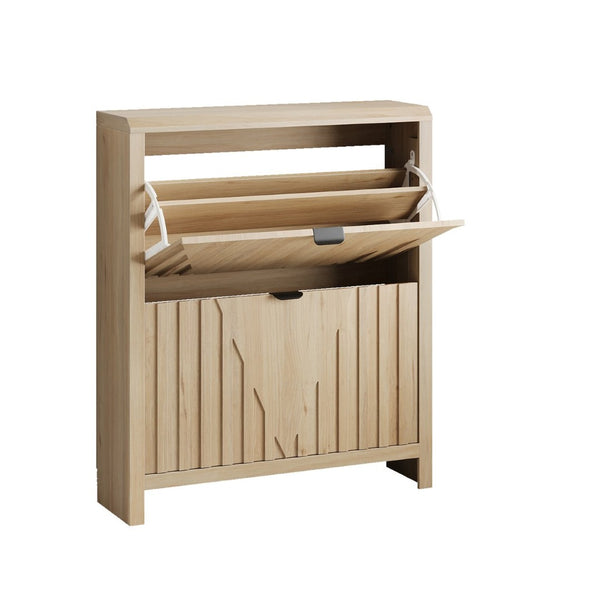 English Elm 31.5-Inch Oak Finish Entryway Shoe Cabinet with Carved Panels and Flip-Down Storage W1706P511744