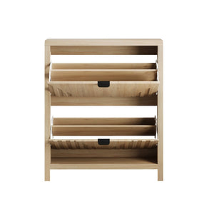 English Elm 31.5-Inch Oak Finish Entryway Shoe Cabinet with Carved Panels and Flip-Down Storage W1706P511744
