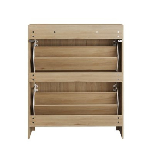 English Elm 31.5-Inch Oak Finish Entryway Shoe Cabinet with Carved Panels and Flip-Down Storage W1706P511744