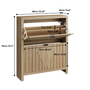 English Elm 31.5-Inch Oak Finish Entryway Shoe Cabinet with Carved Panels and Flip-Down Storage W1706P511744