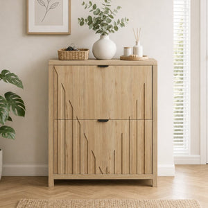 English Elm 31.5-Inch Oak Finish Entryway Shoe Cabinet with Carved Panels and Flip-Down Storage W1706P511744