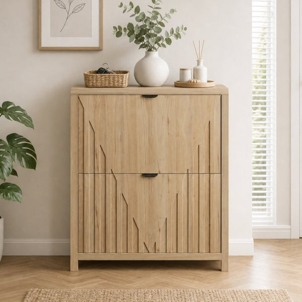English Elm 31.5-Inch Oak Finish Entryway Shoe Cabinet with Carved Panels and Flip-Down Storage W1706P511744