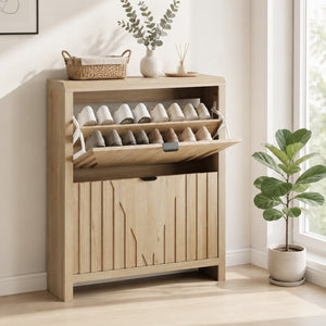 English Elm 31.5-Inch Oak Finish Entryway Shoe Cabinet with Carved Panels and Flip-Down Storage W1706P511744
