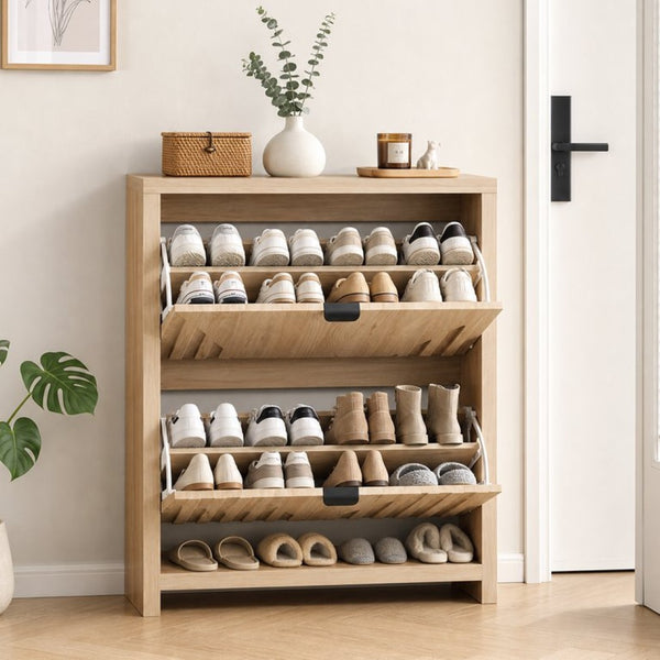 English Elm 31.5-Inch Oak Finish Entryway Shoe Cabinet with Carved Panels and Flip-Down Storage W1706P511744