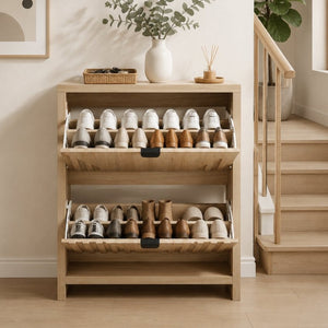 English Elm 31.5-Inch Oak Finish Entryway Shoe Cabinet with Carved Panels and Flip-Down Storage W1706P511744