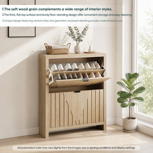 English Elm 31.5-Inch Oak Finish Entryway Shoe Cabinet with Carved Panels and Flip-Down Storage W1706P511744