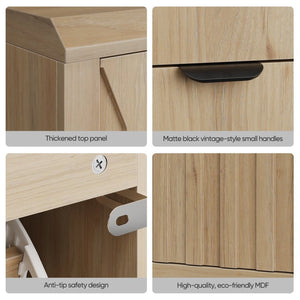 English Elm 31.5-Inch Oak Finish Entryway Shoe Cabinet with Carved Panels and Flip-Down Storage W1706P511744