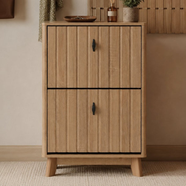 English Elm 23.6-inch Slim Entryway Shoe Cabinet Oak Finish Scandinavian Style Tilt-out Storage W1706P511746