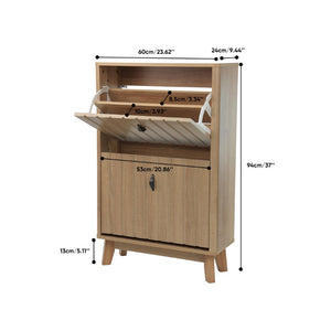 English Elm 23.6-inch Slim Entryway Shoe Cabinet Oak Finish Scandinavian Style Tilt-out Storage W1706P511746
