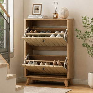 English Elm 23.6-inch Slim Entryway Shoe Cabinet Oak Finish Scandinavian Style Tilt-out Storage W1706P511746