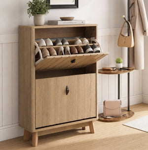 English Elm 23.6-inch Slim Entryway Shoe Cabinet Oak Finish Scandinavian Style Tilt-out Storage W1706P511746