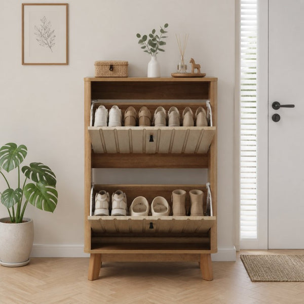 English Elm 23.6-inch Slim Entryway Shoe Cabinet Oak Finish Scandinavian Style Tilt-out Storage W1706P511746