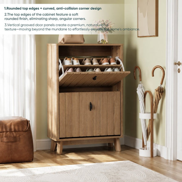 English Elm 23.6-inch Slim Entryway Shoe Cabinet Oak Finish Scandinavian Style Tilt-out Storage W1706P511746