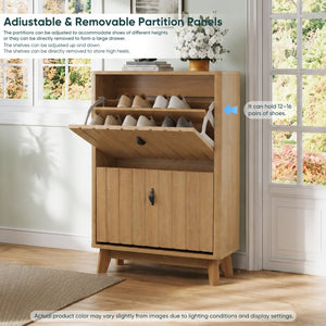 English Elm 23.6-inch Slim Entryway Shoe Cabinet Oak Finish Scandinavian Style Tilt-out Storage W1706P511746