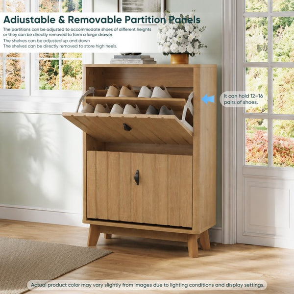 English Elm 23.6-inch Slim Entryway Shoe Cabinet Oak Finish Scandinavian Style Tilt-out Storage W1706P511746