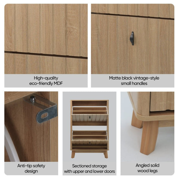 English Elm 23.6-inch Slim Entryway Shoe Cabinet Oak Finish Scandinavian Style Tilt-out Storage W1706P511746