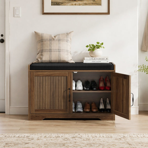 English Elm 31.5-Inch Walnut Entryway Bench Cushioned Seat Enclosed Cabinet Vertical Slat Modern W1706P517422