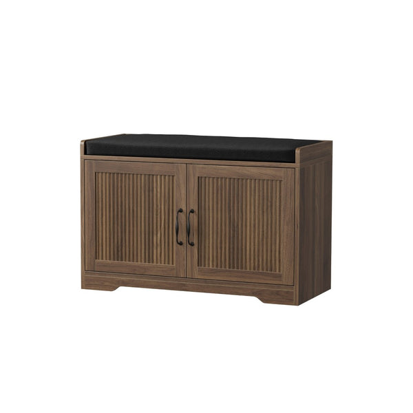English Elm 31.5-Inch Walnut Entryway Bench Cushioned Seat Enclosed Cabinet Vertical Slat Modern W1706P517422