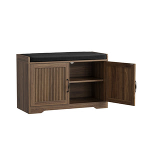 English Elm 31.5-Inch Walnut Entryway Bench Cushioned Seat Enclosed Cabinet Vertical Slat Modern W1706P517422