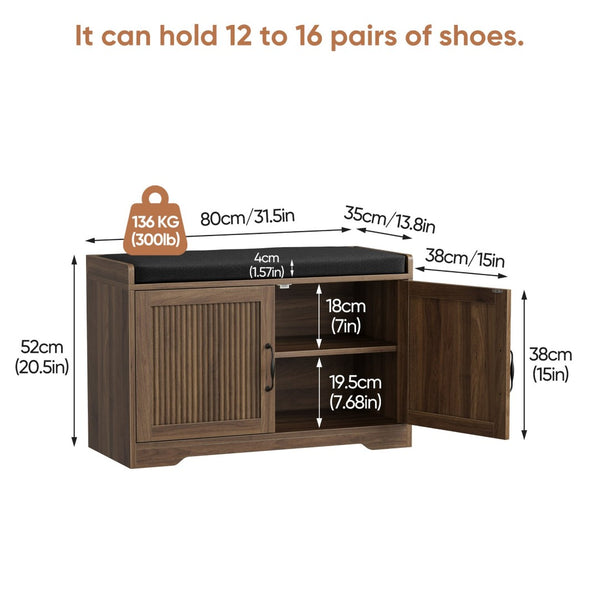 English Elm 31.5-Inch Walnut Entryway Bench Cushioned Seat Enclosed Cabinet Vertical Slat Modern W1706P517422