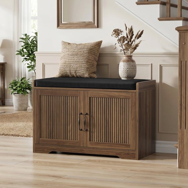 English Elm 31.5-Inch Walnut Entryway Bench Cushioned Seat Enclosed Cabinet Vertical Slat Modern W1706P517422