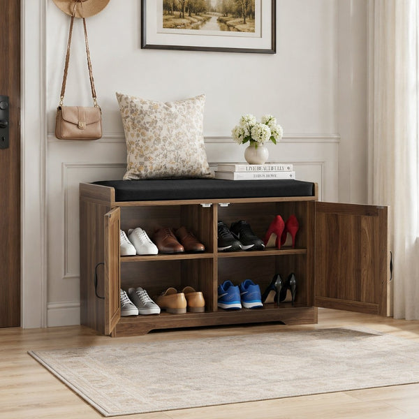 English Elm 31.5-Inch Walnut Entryway Bench Cushioned Seat Enclosed Cabinet Vertical Slat Modern W1706P517422