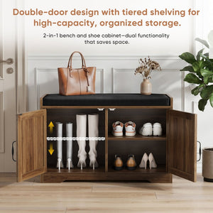 English Elm 31.5-Inch Walnut Entryway Bench Cushioned Seat Enclosed Cabinet Vertical Slat Modern W1706P517422