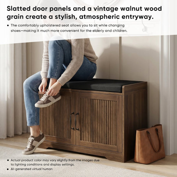 English Elm 31.5-Inch Walnut Entryway Bench Cushioned Seat Enclosed Cabinet Vertical Slat Modern W1706P517422