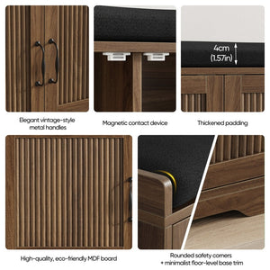 English Elm 31.5-Inch Walnut Entryway Bench Cushioned Seat Enclosed Cabinet Vertical Slat Modern W1706P517422