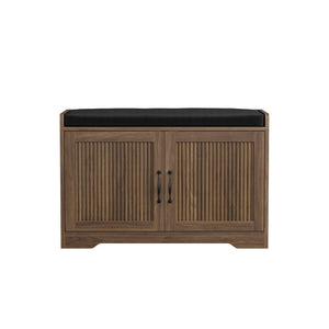 English Elm 31.5-Inch Walnut Entryway Bench Cushioned Seat Enclosed Cabinet Vertical Slat Modern W1706P517422