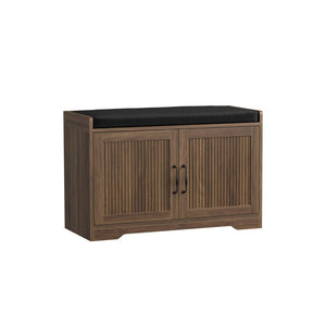 English Elm 31.5-Inch Walnut Entryway Bench Cushioned Seat Enclosed Cabinet Vertical Slat Modern W1706P517422