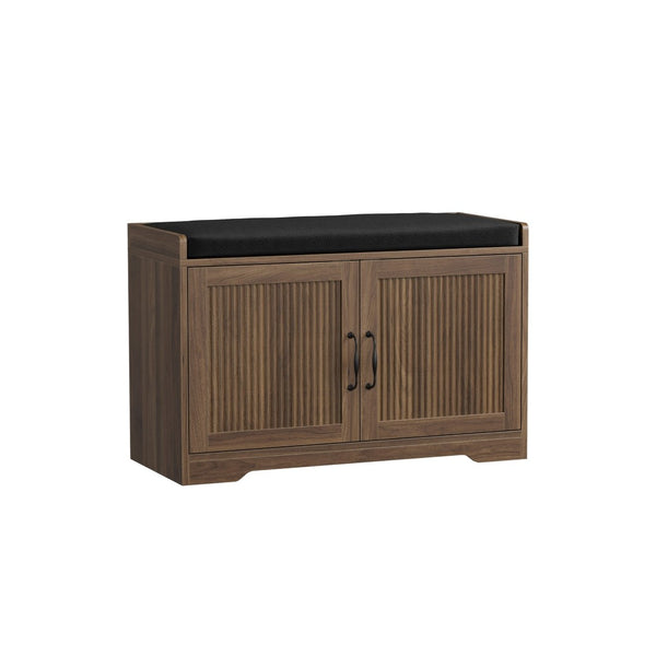 English Elm 31.5-Inch Walnut Entryway Bench Cushioned Seat Enclosed Cabinet Vertical Slat Modern W1706P517422