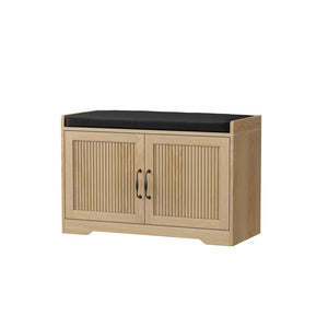 English Elm 31.5-inch Oak Finish Entryway Bench with Slat Doors Cushioned Seat and Shoe Storage W1706P517423