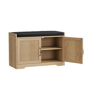 English Elm 31.5-inch Oak Finish Entryway Bench with Slat Doors Cushioned Seat and Shoe Storage W1706P517423