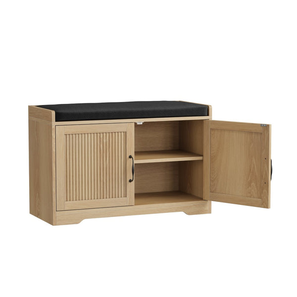 English Elm 31.5-inch Oak Finish Entryway Bench with Slat Doors Cushioned Seat and Shoe Storage W1706P517423