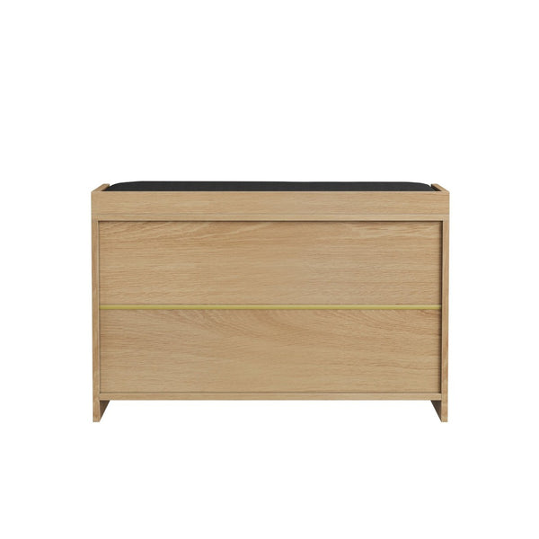 English Elm 31.5-inch Oak Finish Entryway Bench with Slat Doors Cushioned Seat and Shoe Storage W1706P517423