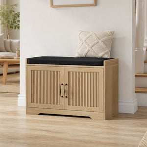 English Elm 31.5-inch Oak Finish Entryway Bench with Slat Doors Cushioned Seat and Shoe Storage W1706P517423