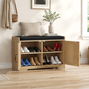 English Elm 31.5-inch Oak Finish Entryway Bench with Slat Doors Cushioned Seat and Shoe Storage W1706P517423