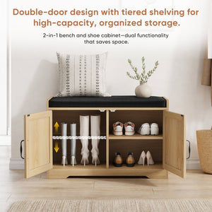 English Elm 31.5-inch Oak Finish Entryway Bench with Slat Doors Cushioned Seat and Shoe Storage W1706P517423
