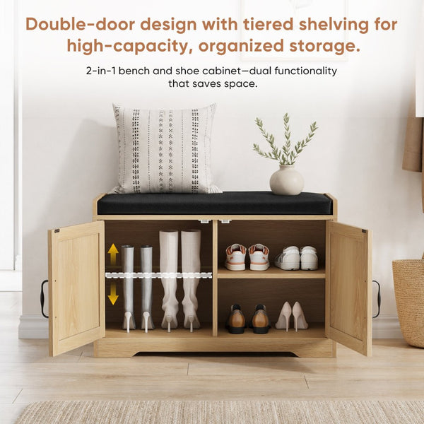 English Elm 31.5-inch Oak Finish Entryway Bench with Slat Doors Cushioned Seat and Shoe Storage W1706P517423