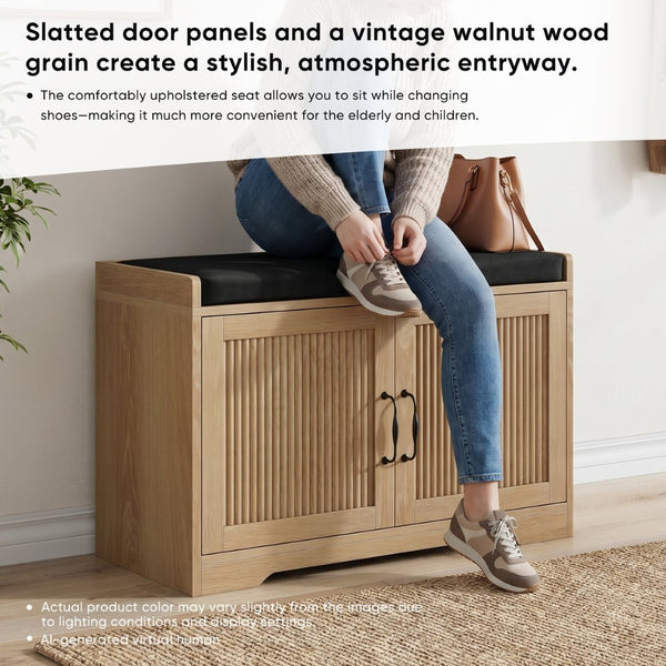 English Elm 31.5-inch Oak Finish Entryway Bench with Slat Doors Cushioned Seat and Shoe Storage W1706P517423