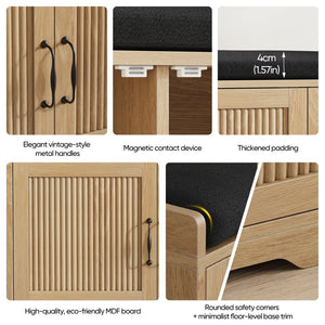 English Elm 31.5-inch Oak Finish Entryway Bench with Slat Doors Cushioned Seat and Shoe Storage W1706P517423
