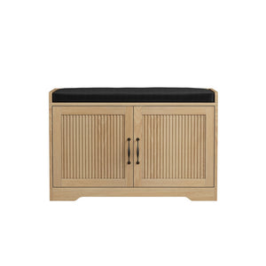 English Elm 31.5-inch Oak Finish Entryway Bench with Slat Doors Cushioned Seat and Shoe Storage W1706P517423