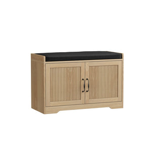 English Elm 31.5-inch Oak Finish Entryway Bench with Slat Doors Cushioned Seat and Shoe Storage W1706P517423